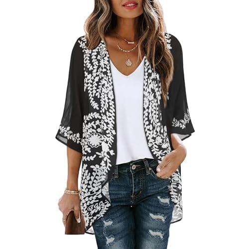 Women's Floral Print Puff Sleeve Kimono Cardigan Loose Cover Up Casual Blouse Tops 2026