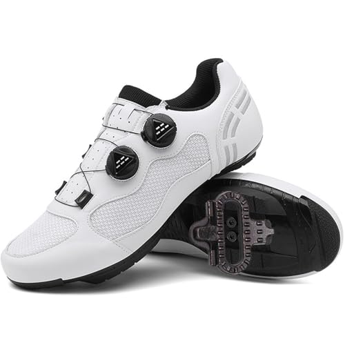 PENXZT Zapatilla de Ciclismo MTB Hombre y Mujer, Zapatos Bicicleta de Carretera Compatible con SPD Pedales 2 Tornillos con Calas Montaña Adulto Respirables,Blanca,44 EU