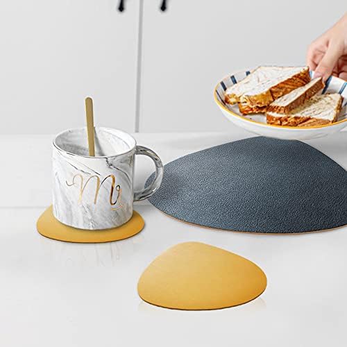 4Pcs Leather Placemats with Coasters Dual-Sided Unique Oval Table Mats (Navy Blue + Yellow)