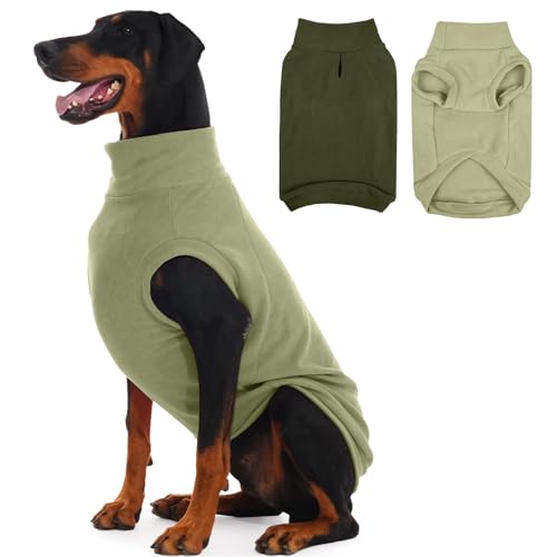 IECOii 2 Pack 5XL Dog Fleece Sweaters Stretchy Sweatshirts Warm & Cozy Coat for Large Breeds,Indoor Outdoor,Warm Vest with Leash Hole, Machine Washable (Size 5XL, Light Green & Army Green) L