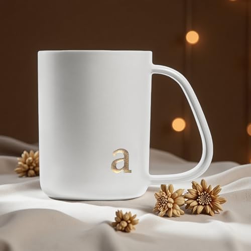 COLLECTIVE HOME - Ergonomic Handle Ceramic Mug, 15 oz Personalized Coffee Cup with Golden Initial, Microwave & Dishwasher Safe, Elegant Monogram Tea Mug in Gift Box for Home & Office (White-a) by COLLECTIVE HOME - Used condition - Image 5