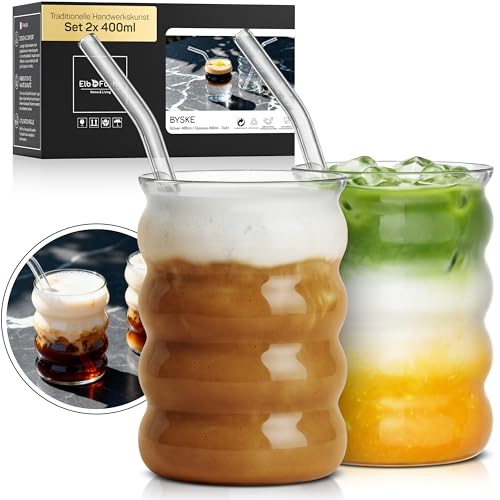 ElbFuchs Matcha Gläser 2er Set 400 ml - Bubble Gläser mit Glasstrohhalmen aus Borosilikatglas ästhetische Trinkgläser als Latte Macchiato- & Eiskaffee- und Cocktailgläser