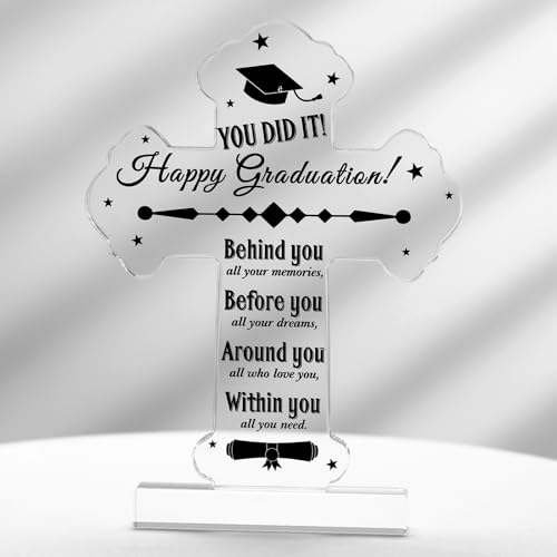 Quzzil Graduation Gift for Her Him Class of 2026 Religious Graduation Acrylic Standing Cross for Senior College Inspirational Bible Verse Acrylic Grad Gift Christian Scripture Desk(Fresh)