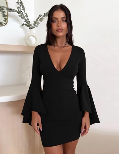 Women's Sexy V Neck Bodycon Mini Dress Bell Long Sleeve Party Club Short Dresses2