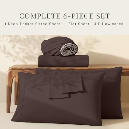 Image of Hearth & Harbor Extra Deep Pocket Queen Sheets Sets - Fits Mattress 18-24 Inches Deep - Extra Deep Pocket Sheets - 6 Piece Queen Size - Brown