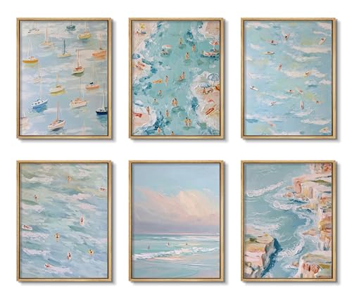 Coastal Beach Canvas Wall Art Set of 6, Abstract Ocean Sailing Boats and Surfboard Posters Wall Decor, Aesthetic Seaside Landscape Artwork Posters Prints for Living Room Bedroom 8x10 Inch Unframed