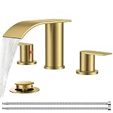 FORIOUS Upgrade Brushed Gold Bathroom Faucets 3 Hole, 8 Inch Widespread Waterfall Bathroom Sink Faucet Two Handle with CUPC Hose and Metal...