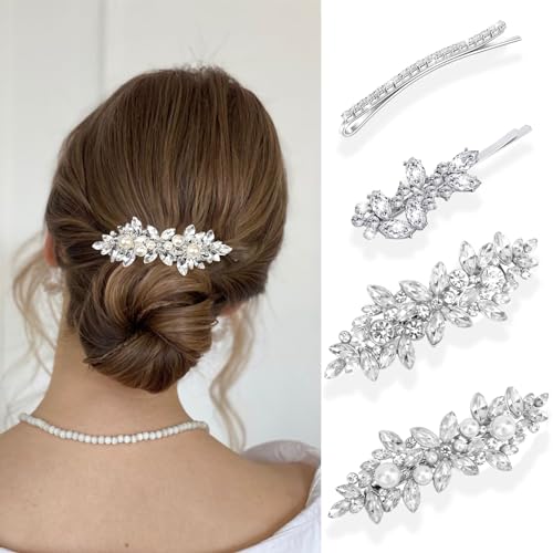 AOREAS 4Pcs Rhinestone Hair Clips Crystal Pearl Hair Barrettes