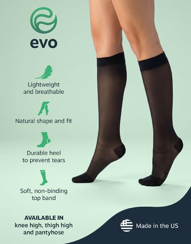 Image of EvoNation Women's Sheer Thigh High 15-20 mmHg Compression Stockings | Nylon-spandex fabric with lace-silicone top band, sandalfoot design and reinforced heel for secure all-day wear
