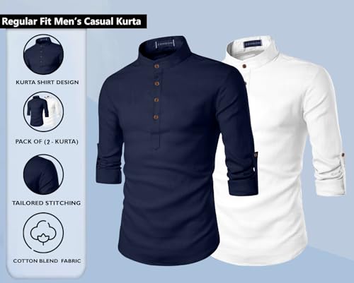 Image of Zombom Men's Combo Cotton Polyester Blend Solid Full Sleeve Straight Regular Fit Mandarin /Chinese Collor Kurta (Pack of 2)