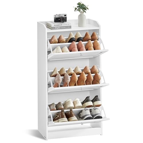 VASAGLE Shoe Cabinet with 3 Flip Drawers, Shoe Storage Cabinet, Adjustable and Removable Dividers, Holds up to 18 Pairs of Shoes, Entryway, 9.4 x 23.6 x 42.5 Inches, Dove Gray ULBC036G01V1