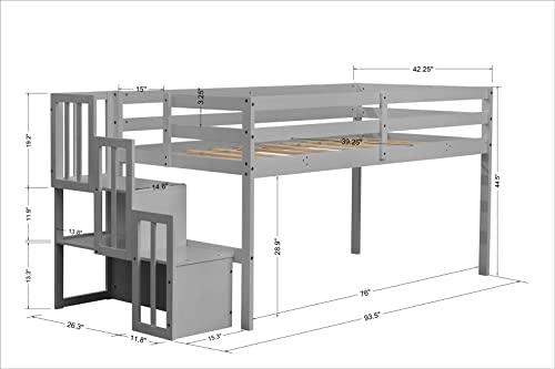 Low Loft Beds With Stairs, Twin Loft Bed With Storage Wood Loft Bed Frame With Staircase For Kids Boys Girls, Gray #TOP5