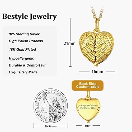 Bestyle Silver Gold Heart Shape Angel Wing Lockets For Women Girls That Hold Picture, 18K Gold Plated Memorial Message Photo Lockets Heart Pendant, Love Heart Jewelry For Birthday Anniversary #TOP5