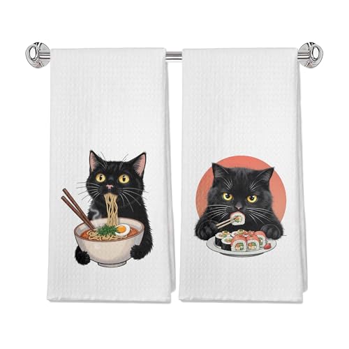 OFJE Funny Black Cat Kitchen Towels Set of 2, Cat Lovers Mom Lady Gifts Dish Tea Towels for Kitchen, Vintage Japanese Noodles Sushi Black Cats Decorative Hand Towels, 16x24 Inches