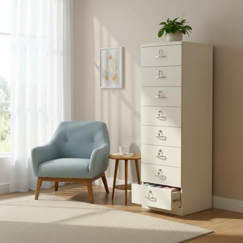 Image of Lakdi The Furniture Co. Wooden 8-Drawer Storage Unit with Locks | White Finish | Multi-Purpose Cabinet for Home & Office