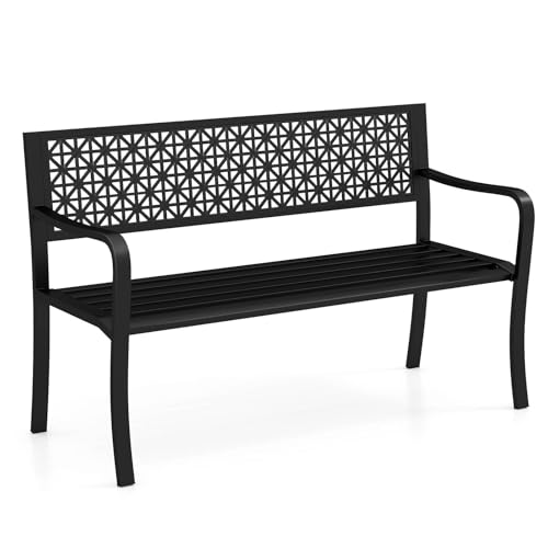 Costway Outdoor Bench Seat, 127 cm Garden Bench with Patterned Backrest and Curved Armrests, 300 kg 2-3-Person Patio Bench, Outdoor Metal Loveseat Chair for Porch, Lawn and Yard