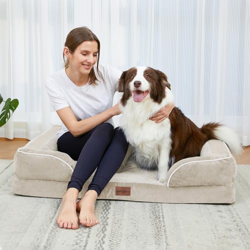 Comfort Expression XL Dog Beds for Extra Large Dogs, Waterproof Orthopedic Dog Bed with Bolster, Washable Dog Bed Sofa with Removable Cover & Non-Slip Bottom(X-Large,Beige)