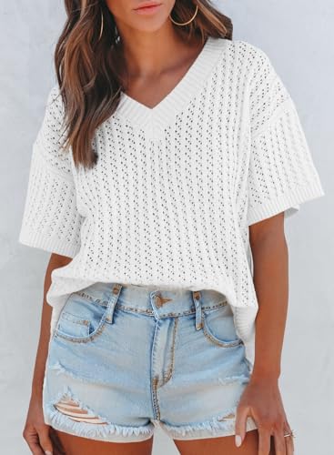 Dokotoo Womens Casual Summer Tops V Neck Short Sleeve Shirts Solid Hollow Out Lightweight Loose Fit Sweater Blouses3