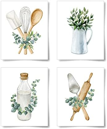 La Naranja Boho Kitchen Wall Decor Sage Green Plants Botanical Prints Eucalyptus Leaves Wall Art Minimalist Dining Room Artwork, Set of 4 Pictures, 8''x10'', UNFRAMED
