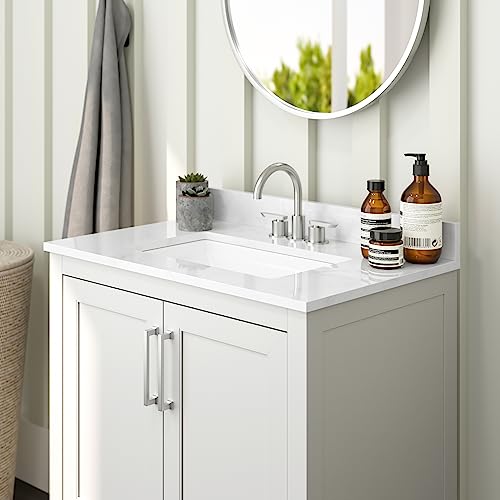 Merrick Lane Vigo 30 Inch Bathroom Vanity with Ceramic Sink, Carrara Marble Finish Countertop, Storage Cabinet with Soft Close Doors and Open Shelf in White - Thumbnail 6