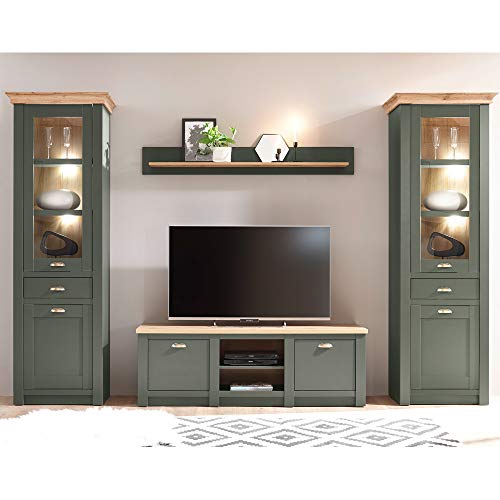Lomadox Wohnzimmer Wohnwand im Landhausstil, grün mit Wotan Eiche, mit Beleuchtung, 2 Standdvitrinen, TV-Lowboard und Wandregal, B/H/T: 308/207/45cm