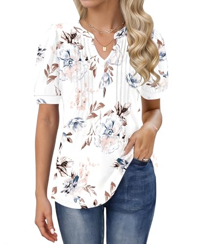 Image of MOLERANI T Shirts for Women - V Neck Tops Loose Casual Puff Short Sleeve T-Shirt Front Pleated Blouse White Flowers 2XL
