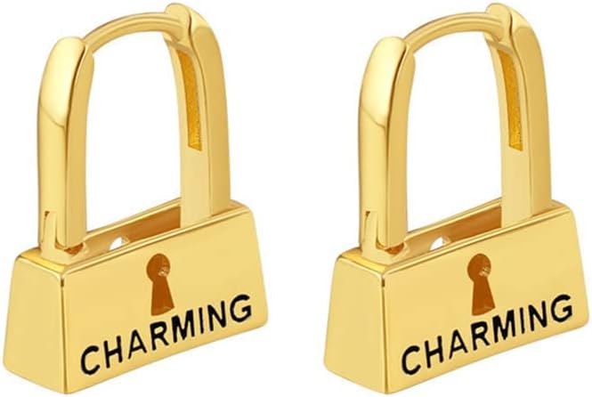 Unique Lock Chunky Small Hoop Earrings for Women 18K Real Gold Plated Minimalist Thick Trendy Huggie Hoops Personalized Hooped Lightweight Hypoallergenic Fashion Earring Jewelry Gift Her Wife Mom Birthday