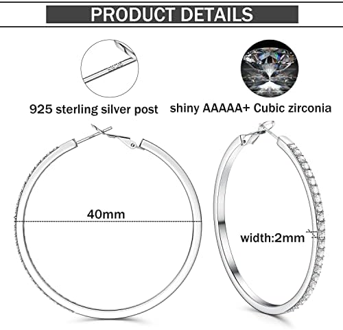 JeweBella Silver Hoops Earrings for Women 925 Sterling Silver Post Large Hoop Earrings with 5 A+ Cubic Zirconia Hypoallergenic Lightweight Big Hoop Earrings 40mm/50mm/60mm