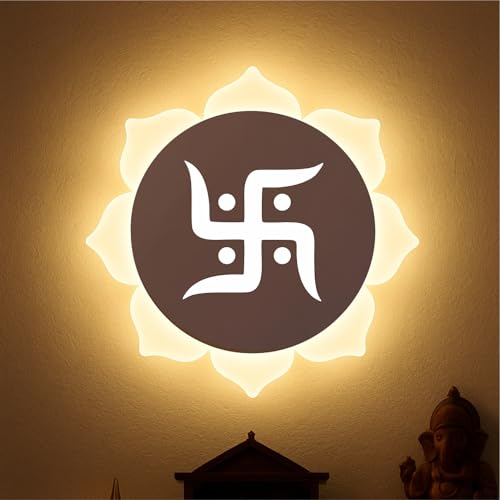 Image of Metal, Acrylic Flower - Shaped Swastik Wall Light, Dual L.E.D. Light (White & Warm White),Decorative Light for Home Decor,Ideal for Pooja Room, Bedroom, Living Room, Temple, Home & Office
