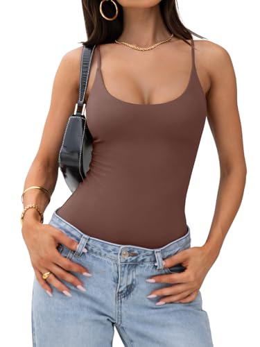 PINKMSTYLE Women Spaghetti Strap Bodysuit Sexy Scoop Neck Sleeveless Open Back Cami Tops Date Night Outfits Coffee Medium