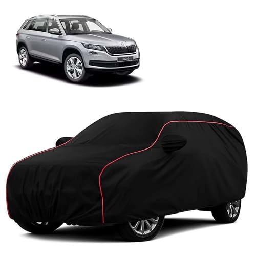 Sulfar 100% Water Resistant Car Body Cover Compatible with Mirror for Skoda Kodiaq (Triple Stitched, Full Bottom Elastic, Black with Red Piping)