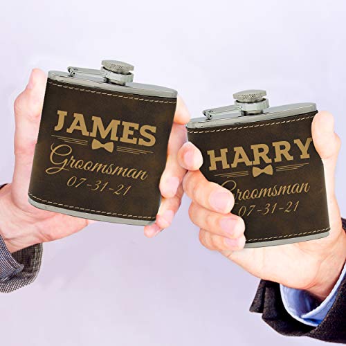 Set Of 1, 2, 3, 4, 5, 6, 7, 8 Personalized Groomsmen Flask - Custom Monogrammed Best Man Gift Flasks - Bow Tie Style (Rawhide With Gold, 8) #TOP2