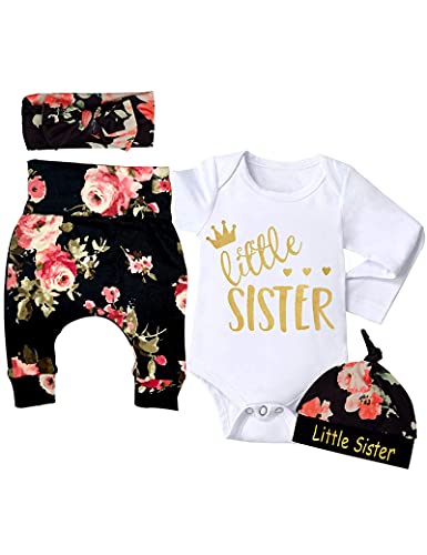 Image of KANGKANG Newborn Infant Cute Baby Girl Clothes Letter Print Little Sister Newborn Outfit + Floral Pants + Headband + Hat Outfits Set