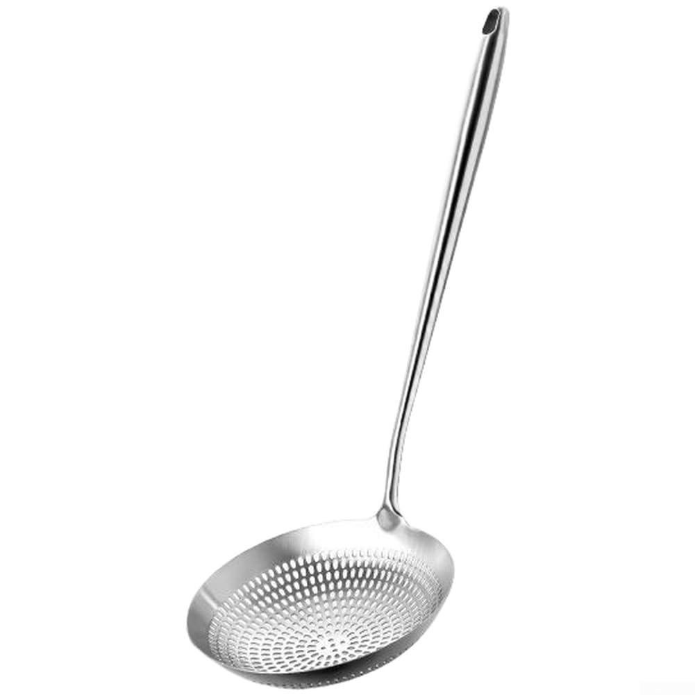 Gran colador de cocina de acero inoxidable 304, cuchara coladora con mango largo para pasta, verduras fritas, agujeros finos para un rápido drenaje de aceite y agua, diseño robusto para el uso diario
