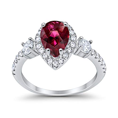 Blue Apple Co. 3-Stone Halo Teardrop Fashion Bridal Ring Pear Simulated Ruby Round Cubic Zirconia 925 Sterling silver Sterling Silver, Size-10