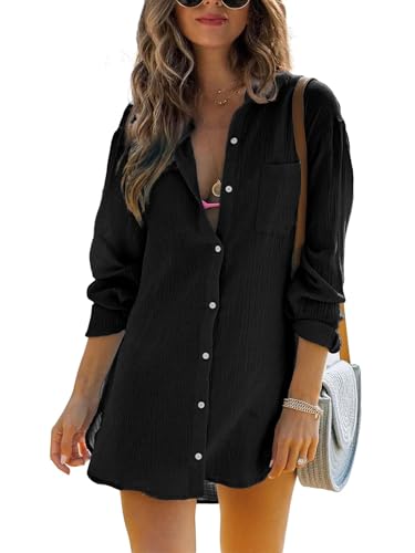 Cicy Bell Damska bluzka z długim rękawem Bawełniane letnie topy Koszula z guzikami Luźna sukienka plażowa Bikini Cover Up, czarny, XL