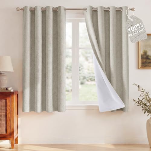 NICETOWN Linen Blend 100% Blackout Beige Curtains for Bedroom, Grommet