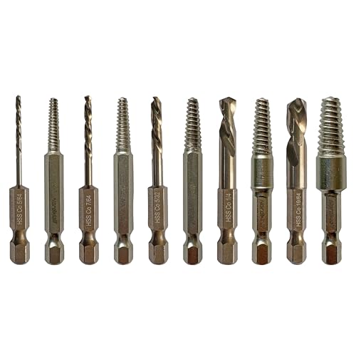 NordWolf 10-Piece Stubby Left Hand Reverse Drill Bit and Screw Extractor Set M35 Cobalt Reverse Bits with 1/4 Hex Shank SAE Sizes 5/64-7/64-5/32-1/4-19/64 in Storage Case