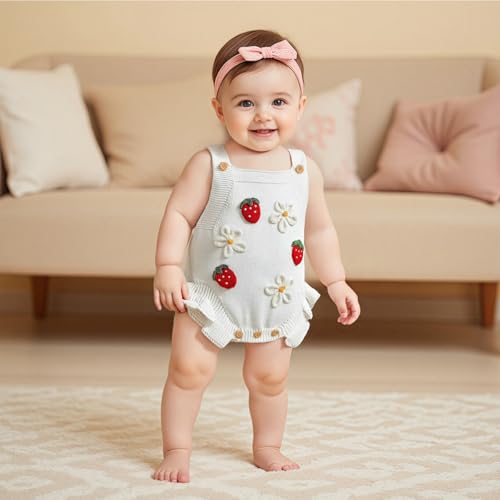 Baby Girl Fall Outfits Newborn Sleeveless Knit Sweater Romper Floral/Bee Onesie Cute Winter One Piece Knitted Outfit3