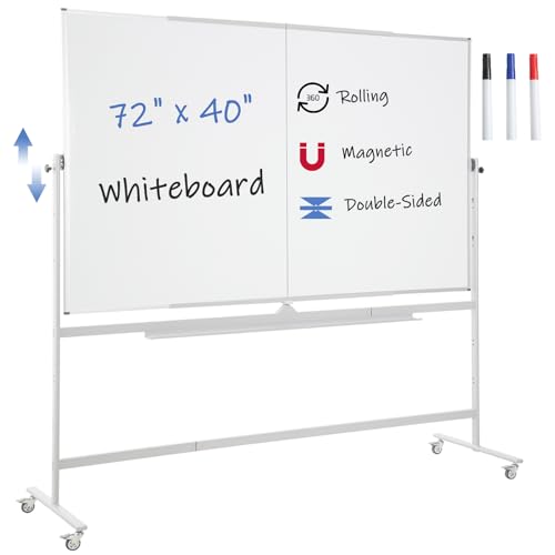 FORTUNO Large Magnetic Mobile Whiteboard 72"x40", Rolling Double Sided Stand Whiteboard on Wheels, Reversible Adjustable Height/Angle Dry Erase Board Easel White Board for Office Classroom