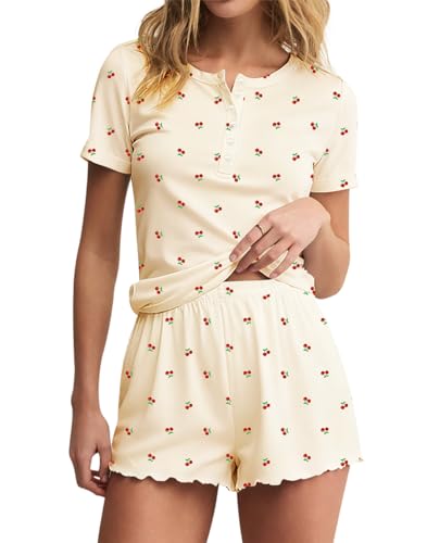 Lacozy Cute Cherry pj Set for Women 2 Piece Summer Pajama Sets Crewneck Button Top and Short Sleepwear Apricot S