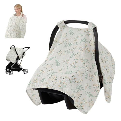Image of Blissful Diary 2-in-1 Muslin Baby Car Seat Cover, Multi-use Nursing Cover for Breastfeeding, Breathable Infant Car Seat Cover Canopy - Botanical Leaf