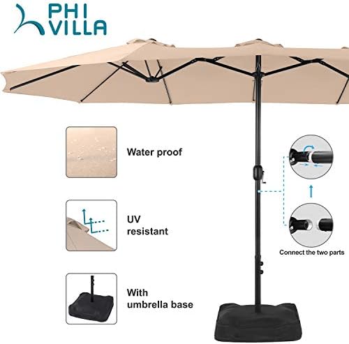 PHI VILLA 15ft Patio Umbrella Double-Sided Outdoor Market Extra Large Umbrella with Crank, Umbrella Base Included (Beige)
