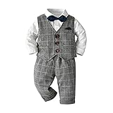 Volunboy Baby Anzug Jungen Anzugweste Hemd mit Fliege für Festlich Hochzeit Bekleidung Set 4tlg(3-4 Jahre,Grau-Plaid,Größe 110)