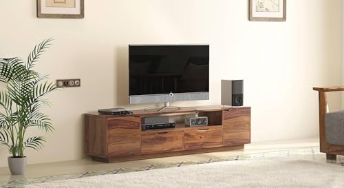 Image of THE WOODEN CITY Solid Sheesham Wood TV & Entertainment Unit for Living Room & Hotel Room and Office Furniture | Wooden Cabinet (Honey Teak)