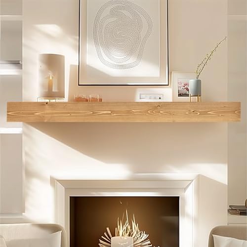ABSWHLM 72x8x3 Fireplace Mantel - Handcrafted Hollow Rustic Solid Wood Wall Mounted Floating Shelf with Invisible Heavy Duty Wood Bracket (Natural Wood)