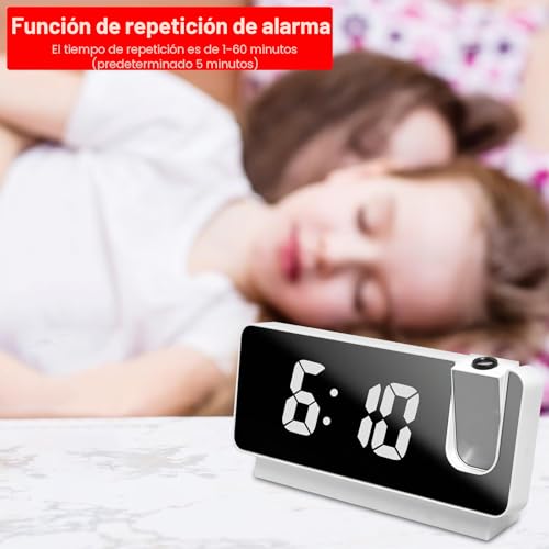 Miniatura 4 de Tnsland Reloj Despertador Con Proyección, Despertador Digital Con Proyección Con Gran Pantalla Led De 7,3 Pulgadas, Reloj Digital Usb Led Con Proyector Giratorio De 180 ,Proyección Portátil Blanco