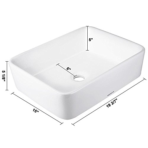 Aquaterior Rectangle White Porcelain Ceramic Bathroom Vessel Sink Bowl Basin with Chrome Drain 19-2/7\"x15\"x5-1/8\" - Thumbnail 5