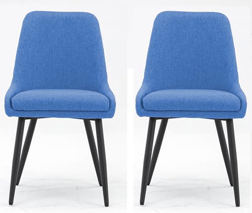 Image of Finch Fox Morris Glam Comfortable Fabric Upholstered Padded Living Room Side Dining Chair for Cafeteria Bedroom, Restaurents, Home, Office with Black Metal Legs in Blue Color (Set of 2)