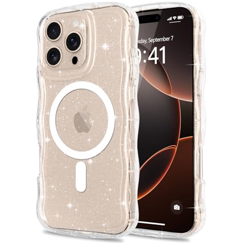Pepmune for iPhone 16 Pro Max Case Clear [Compatible with Magsafe] Bling Sparkle Glitter Magnetic Cover,Soft TPU Curly Wavy Frame & Hard PC Back,Slim Shockproof Wave Phone Case for Women Girls